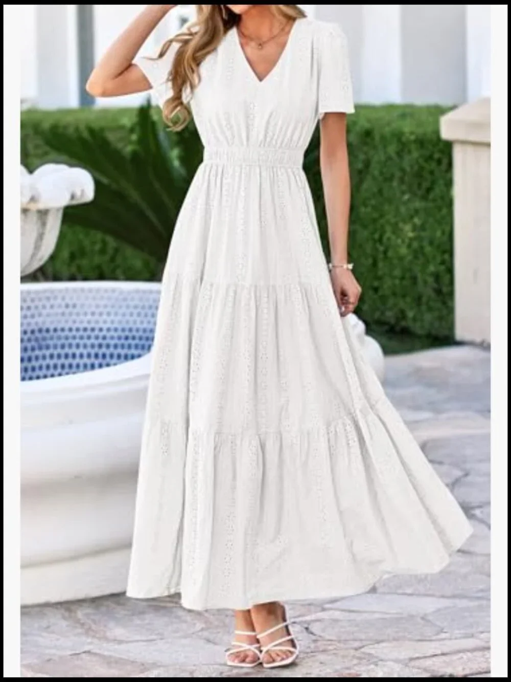 V Neck Hollow Out Eyelet A Line Flowy Maxi Dress - Picture 6 of 7